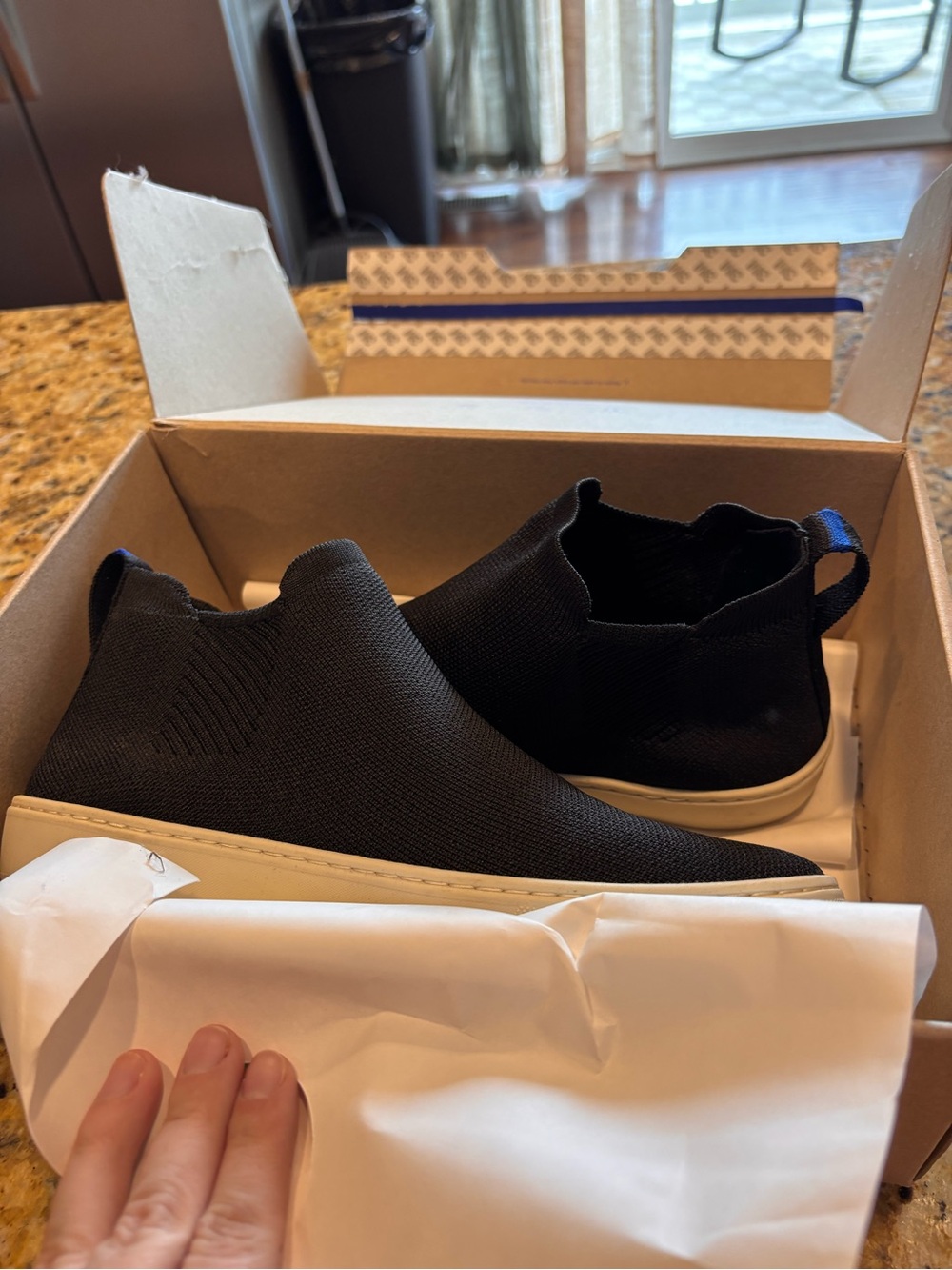 Rothy's women’s Chelsea Black Knit Slip-On Sneakers with White Sole size 9.5